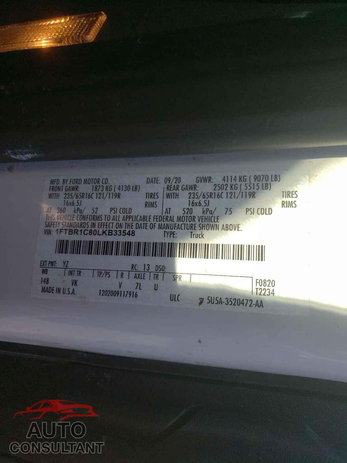 FORD TRANSIT CO 2020 - 1FTBR1C80LKB33548