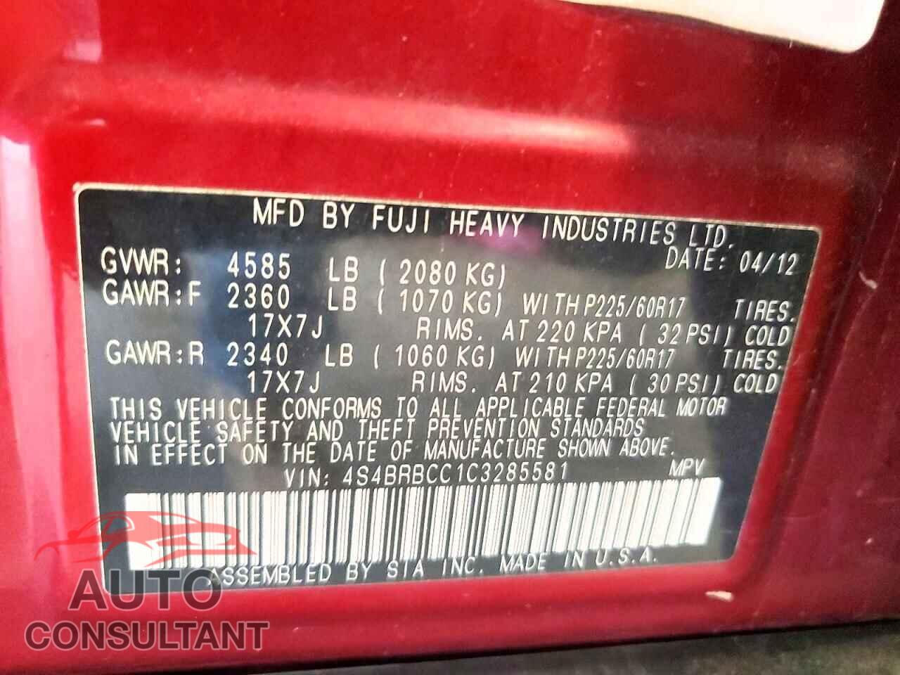 SUBARU OUTBACK 2012 - 4S4BRBCC1C3285581