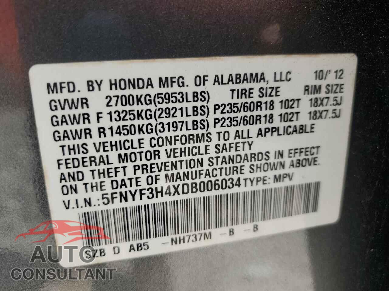 HONDA PILOT 2013 - 5FNYF3H4XDB006034