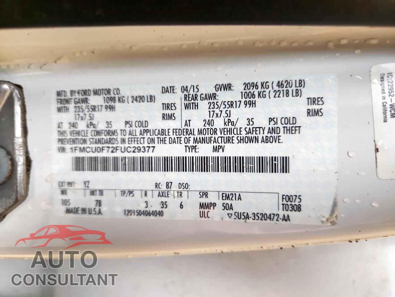 FORD ESCAPE 2015 - 1FMCU0F72FUC29377
