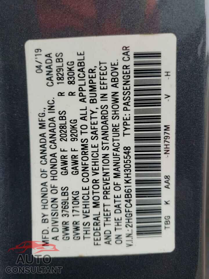 HONDA CIVIC 2019 - 2HGFC4B61KH305548