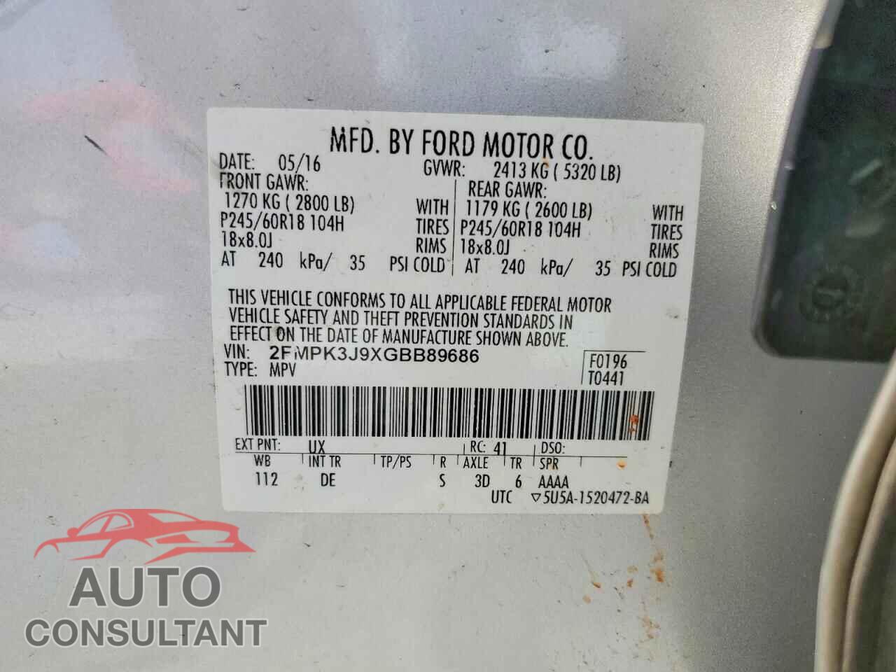 FORD EDGE 2016 - 2FMPK3J9XGBB89686