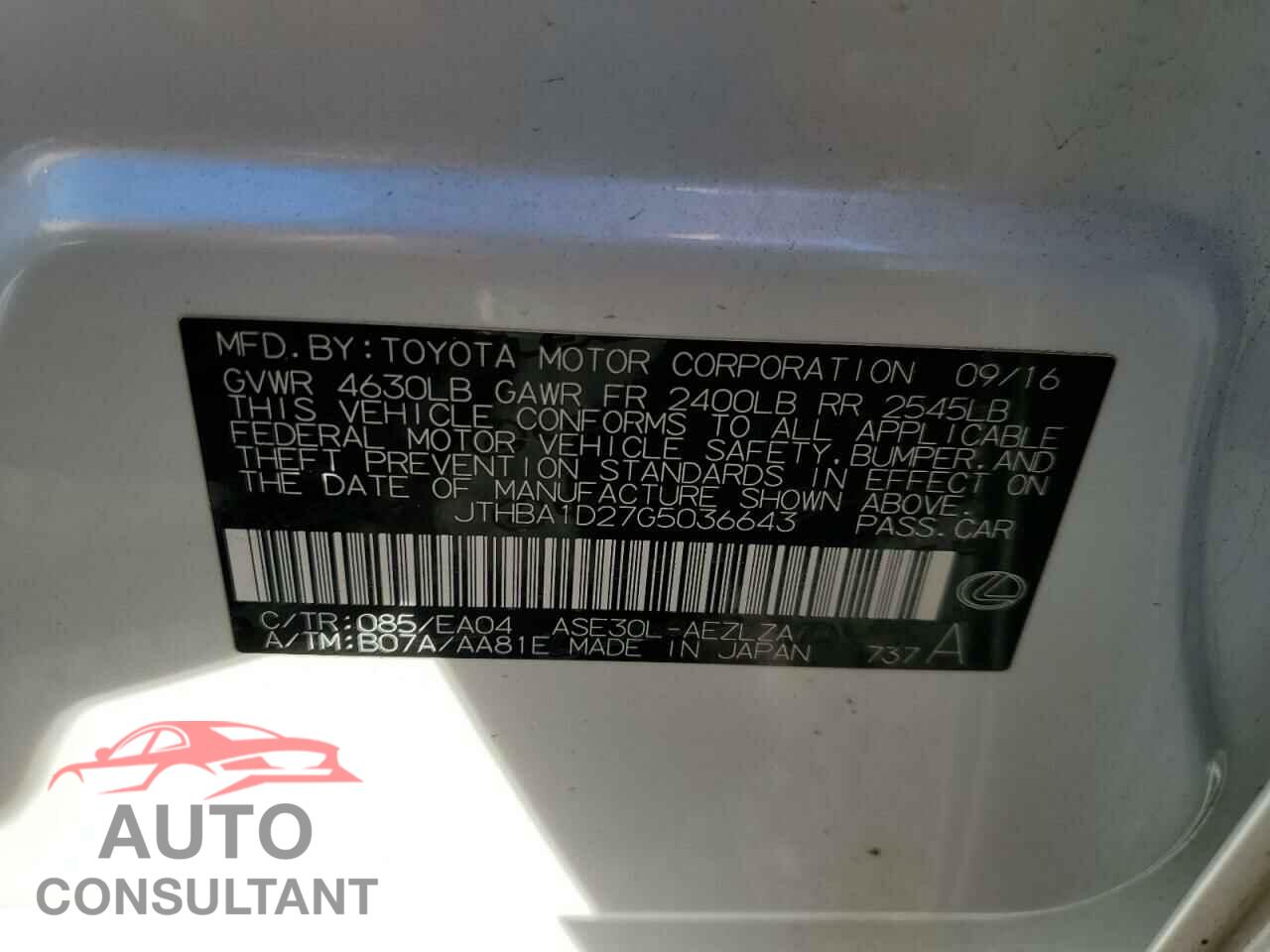 LEXUS IS 2016 - JTHBA1D27G5036643