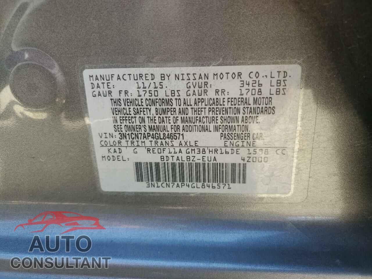 NISSAN VERSA 2016 - 3N1CN7AP4GL846571