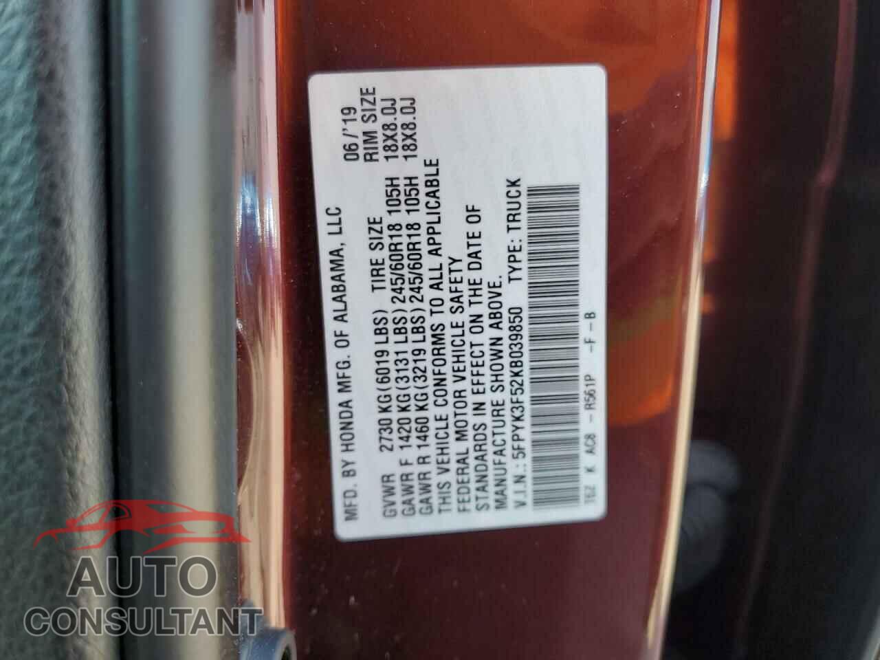 HONDA RIDGELINE 2019 - 5FPYK3F52KB039850