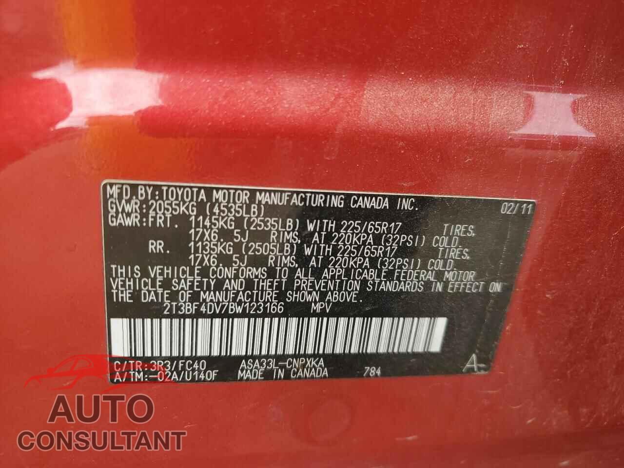 TOYOTA RAV4 2011 - 2T3BF4DV7BW123166