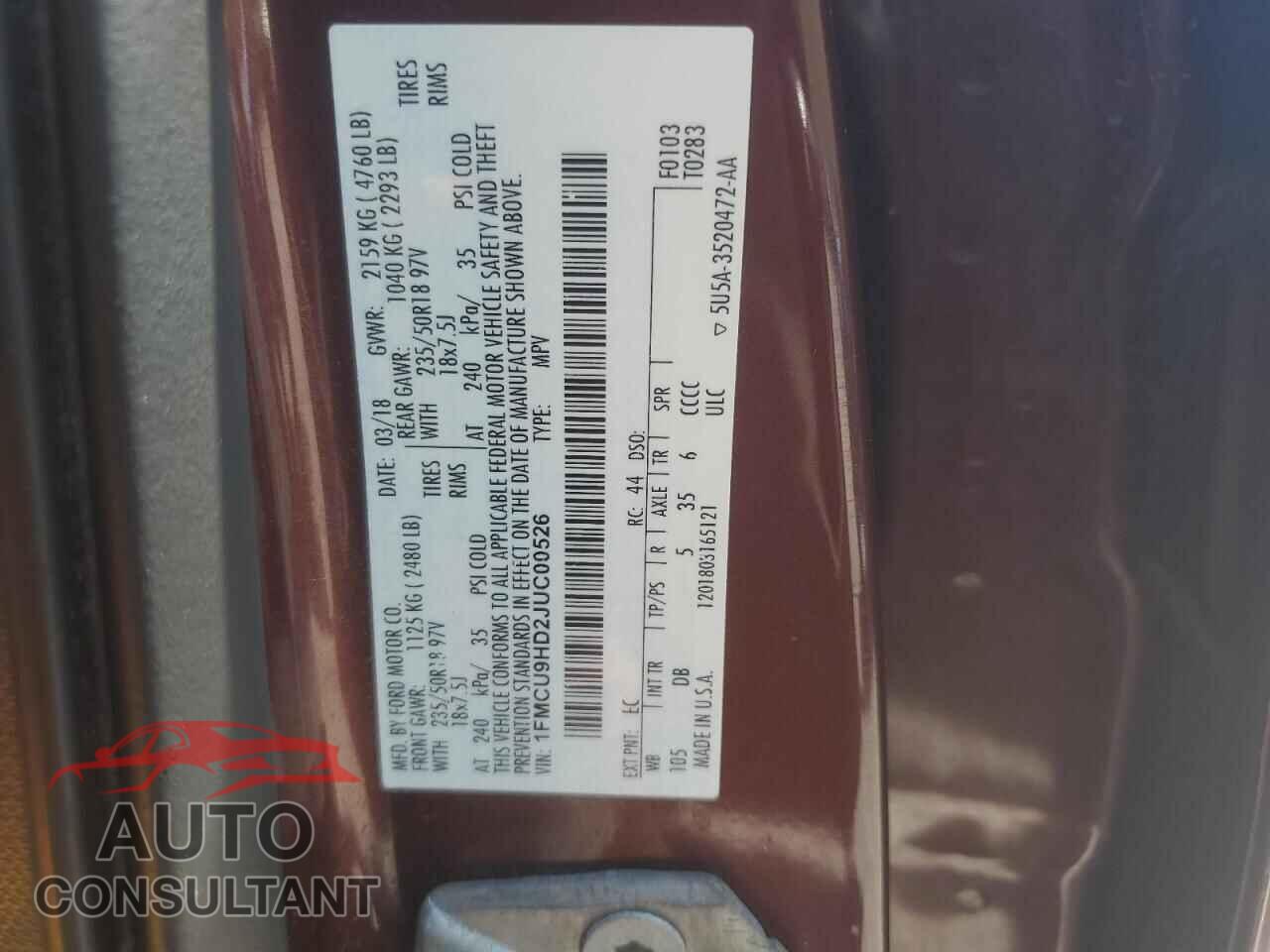 FORD ESCAPE 2018 - 1FMCU9HD2JUC00526