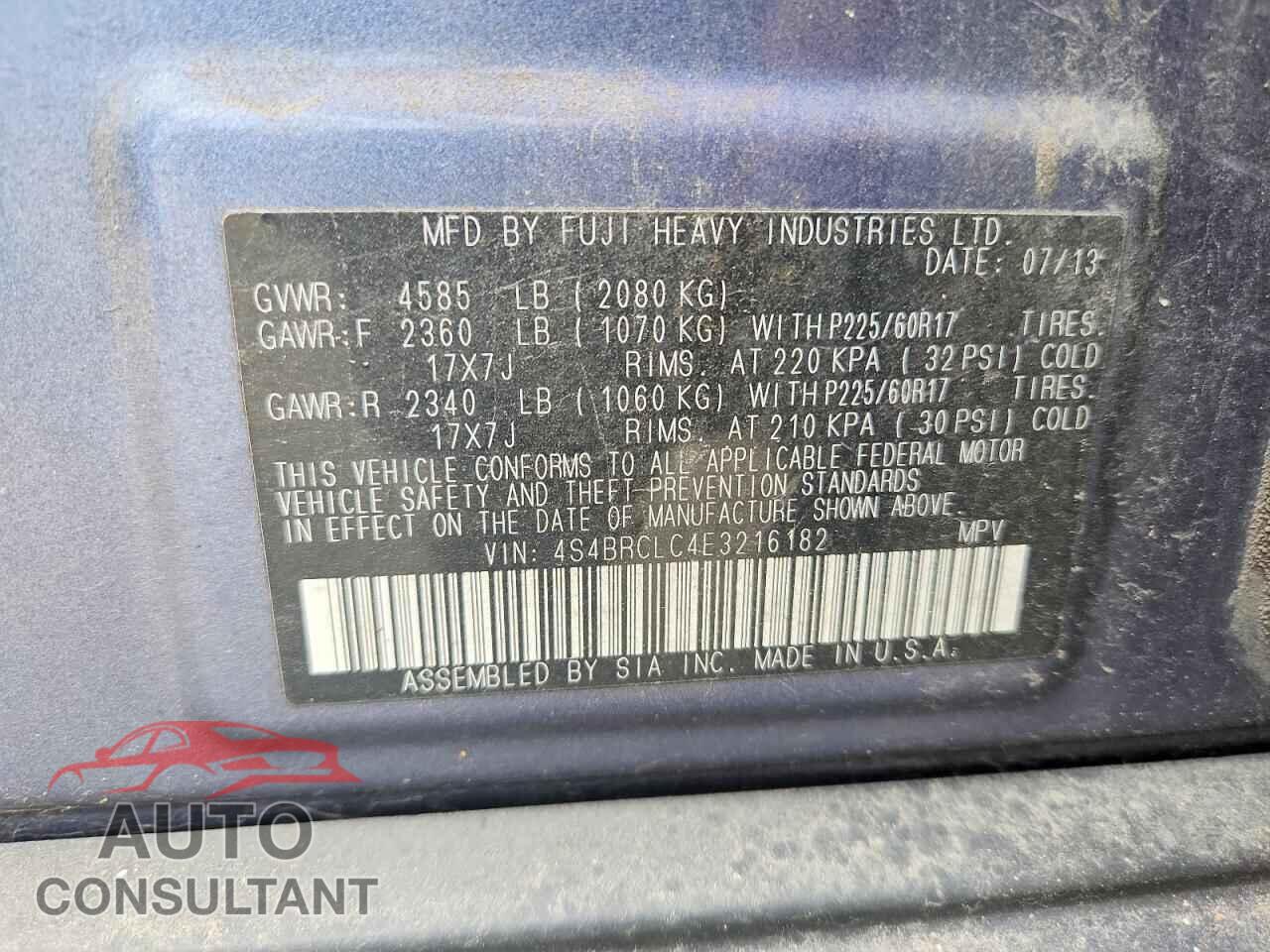 SUBARU OUTBACK 2014 - 4S4BRCLC4E3216182