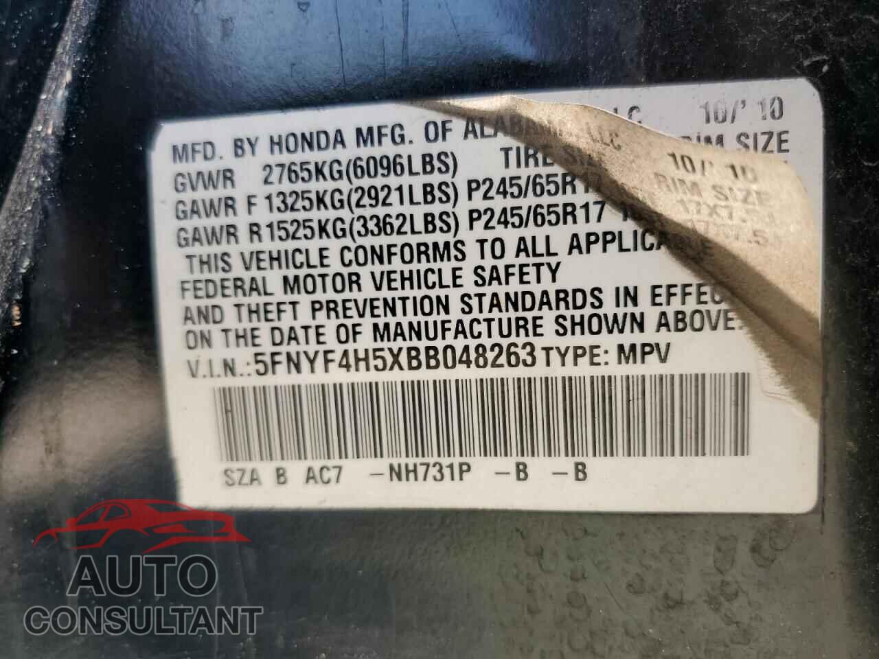 HONDA PILOT 2011 - 5FNYF4H5XBB048263