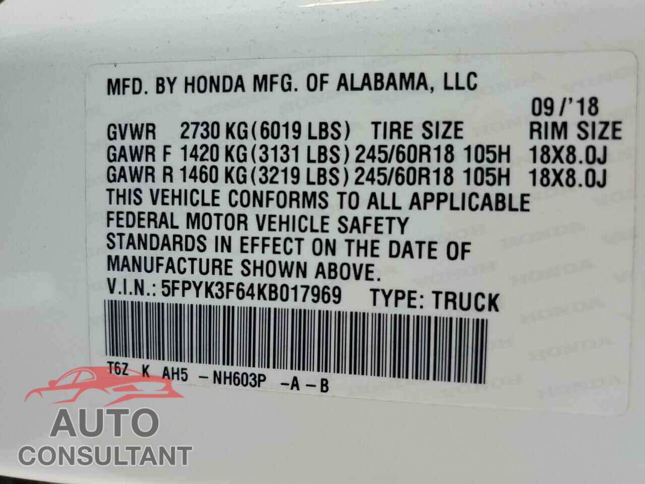HONDA RIDGELINE 2019 - 5FPYK3F64KB017969