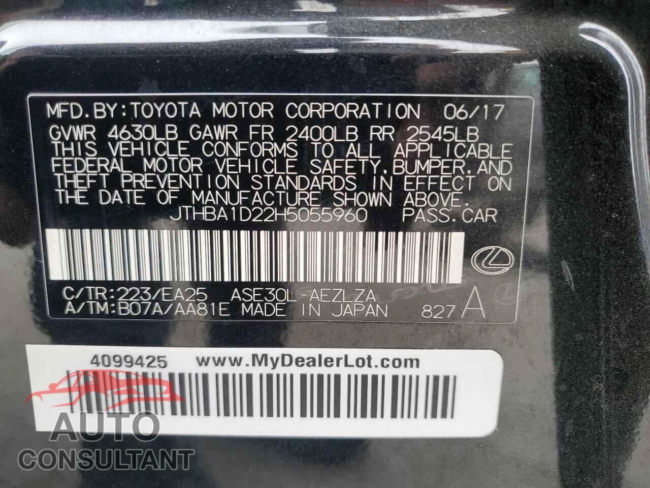 LEXUS IS 2017 - JTHBA1D22H5055960