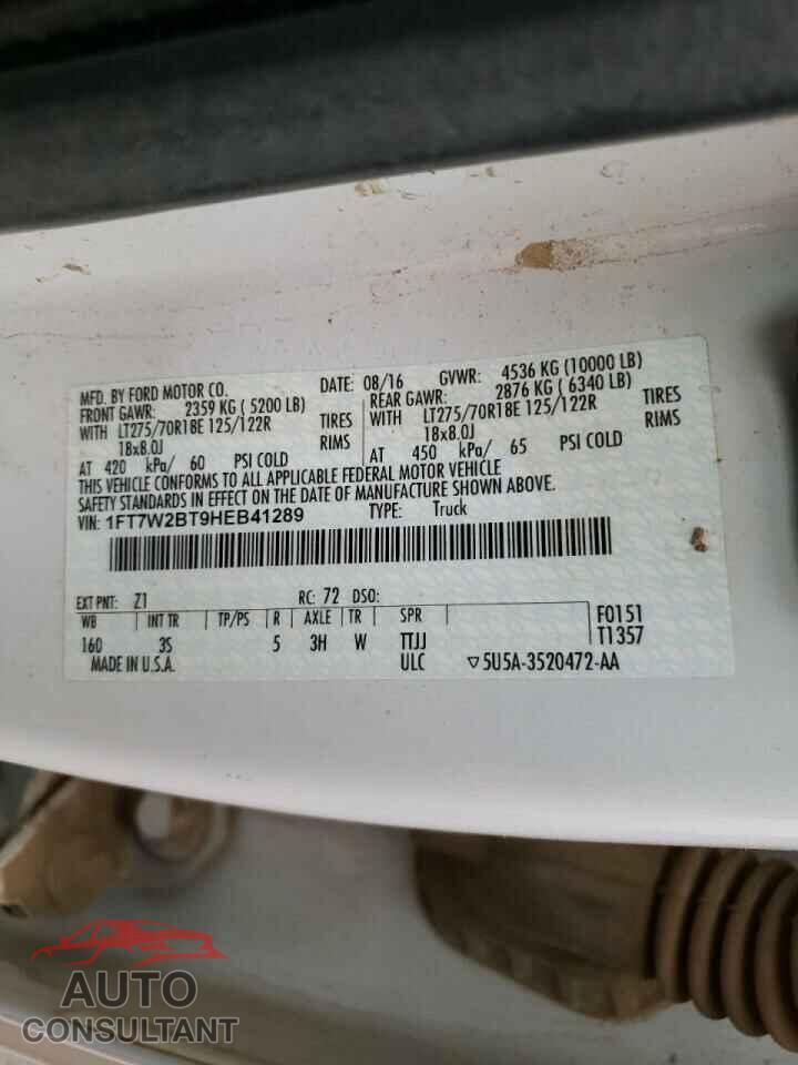 FORD F250 2017 - 1FT7W2BT9HEB41289