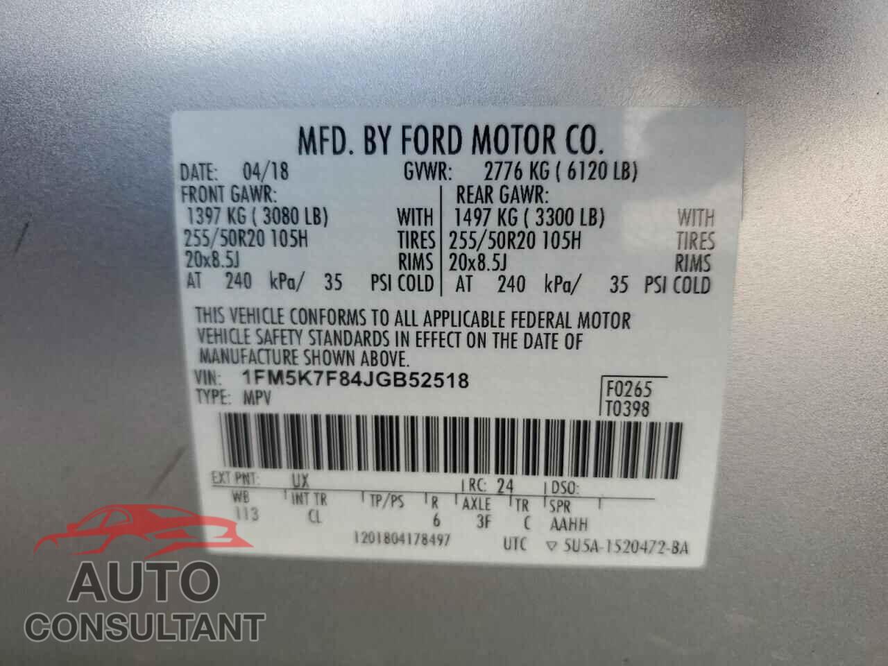 FORD EXPLORER 2018 - 1FM5K7F84JGB52518