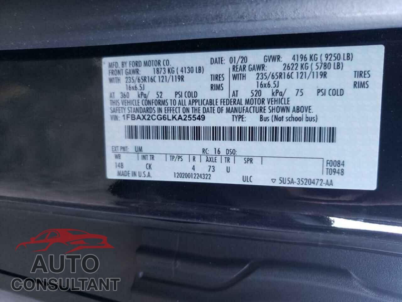 FORD TRANSIT CO 2020 - 1FBAX2CG6LKA25549
