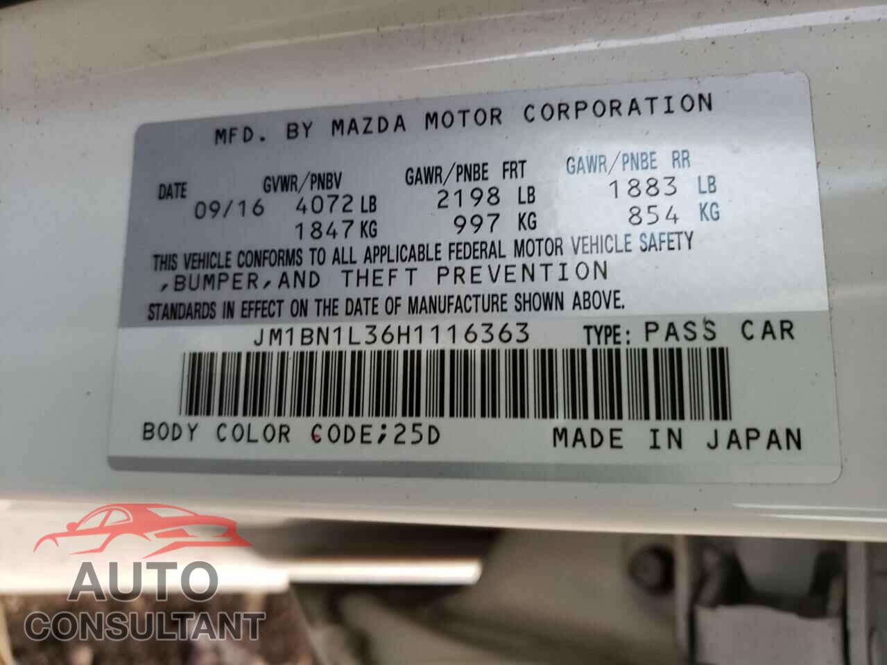 MAZDA 3 2017 - JM1BN1L36H1116363