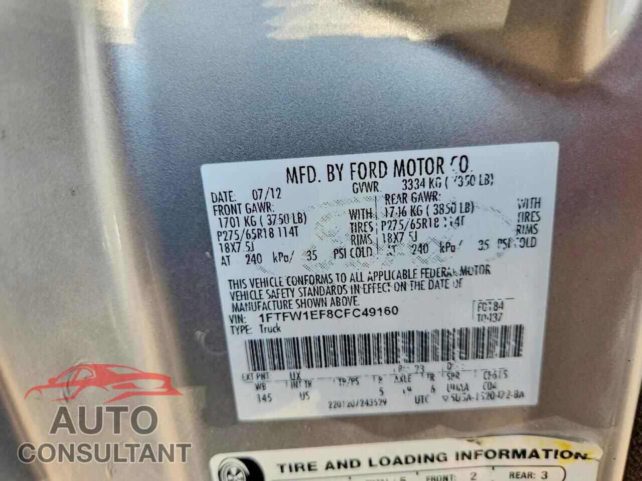 FORD F150 2012 - 1FTFW1EF8CFC49160