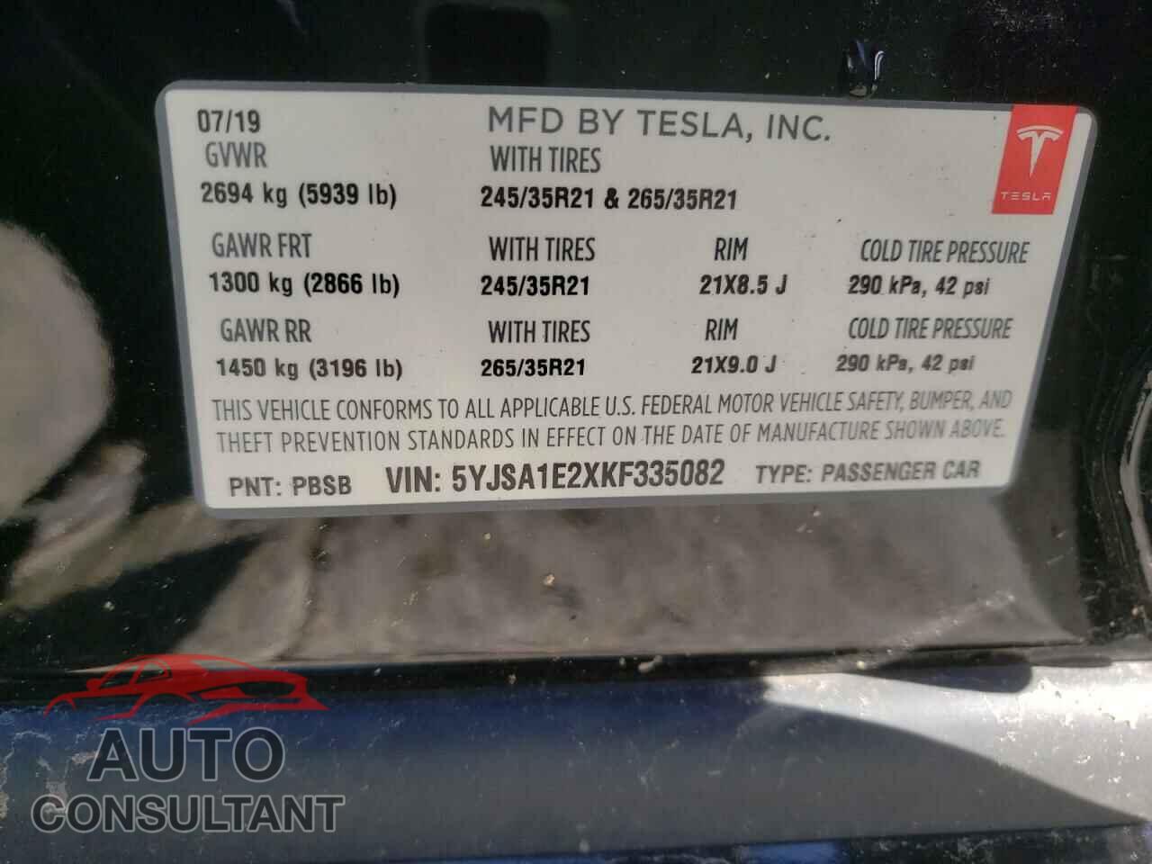 TESLA MODEL S 2019 - 5YJSA1E2XKF335082