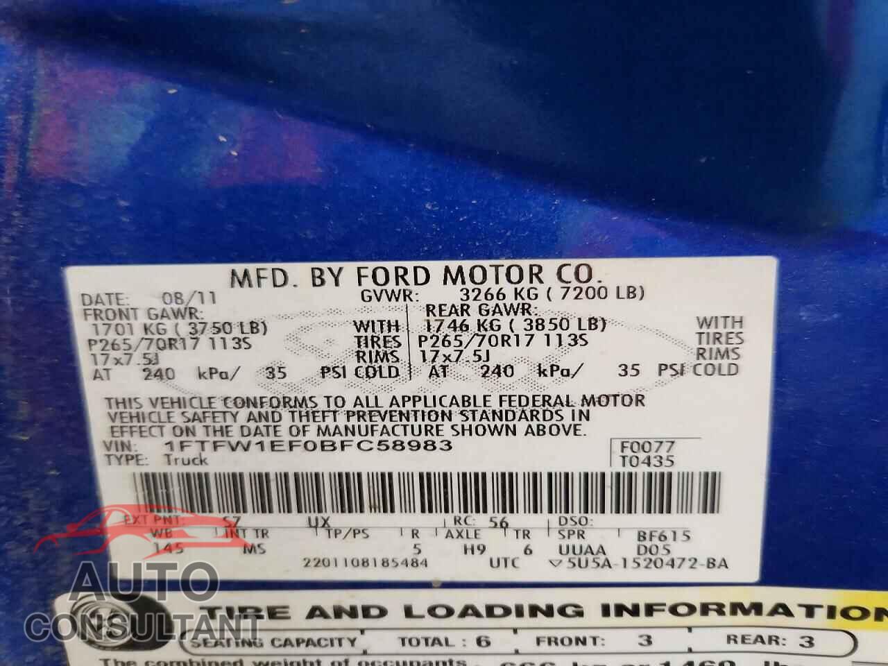 FORD F150 2011 - 1FTFW1EF0BFC58983