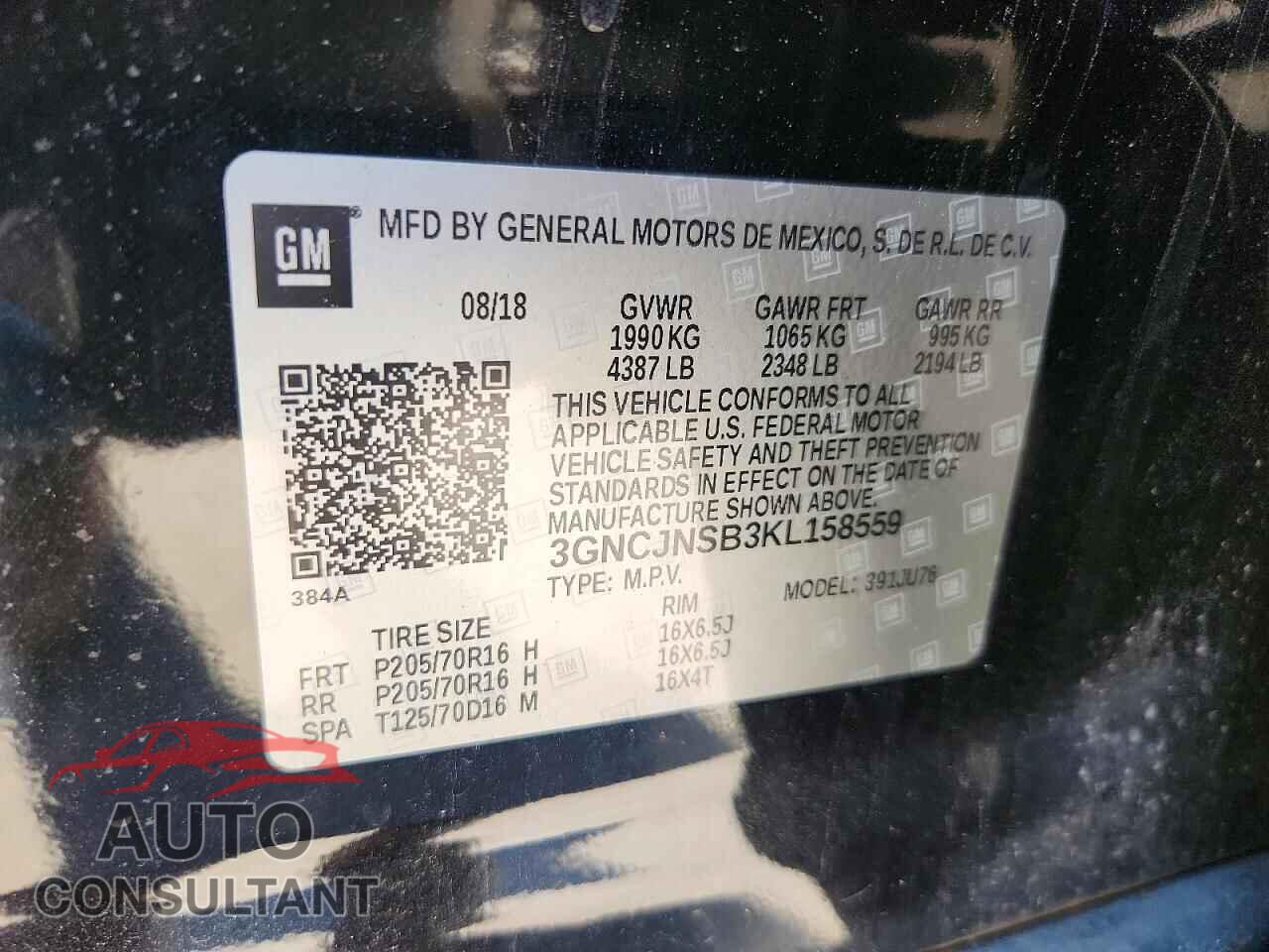 CHEVROLET TRAX 2019 - 3GNCJNSB3KL158559