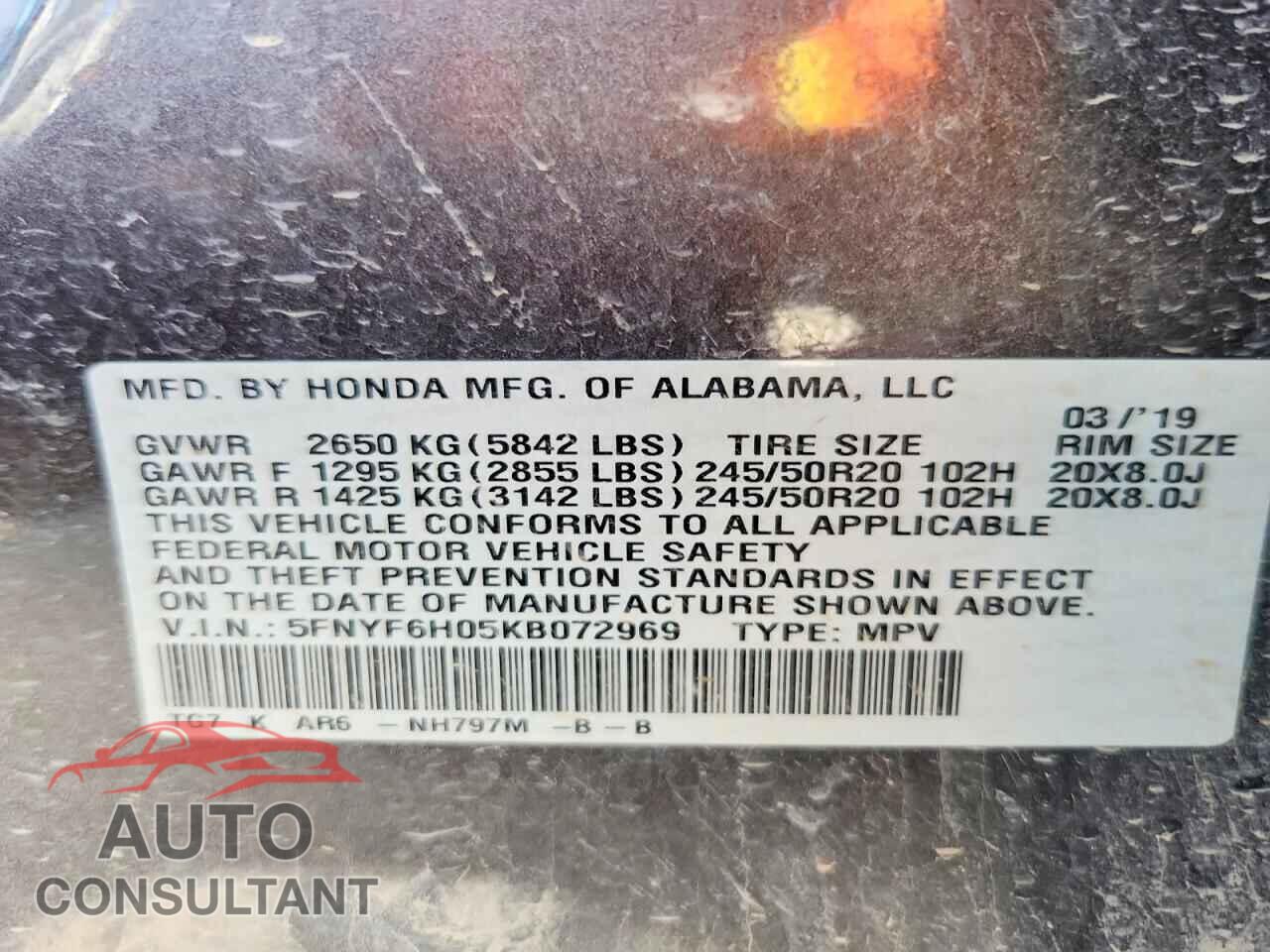 HONDA PILOT 2019 - 5FNYF6H05KB072969
