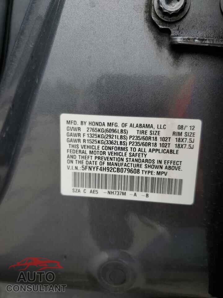 HONDA PILOT 2012 - 5FNYF4H92CB079608