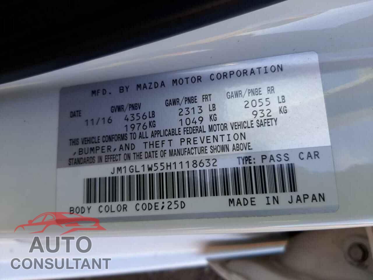 MAZDA 6 2017 - JM1GL1W55H1118632