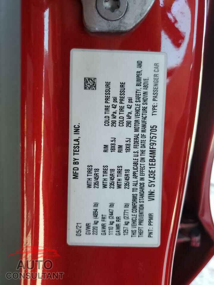 TESLA MODEL 3 2021 - 5YJ3E1EB4MF975705