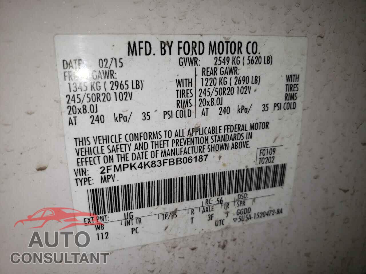FORD EDGE 2015 - 2FMPK4K83FBB06187