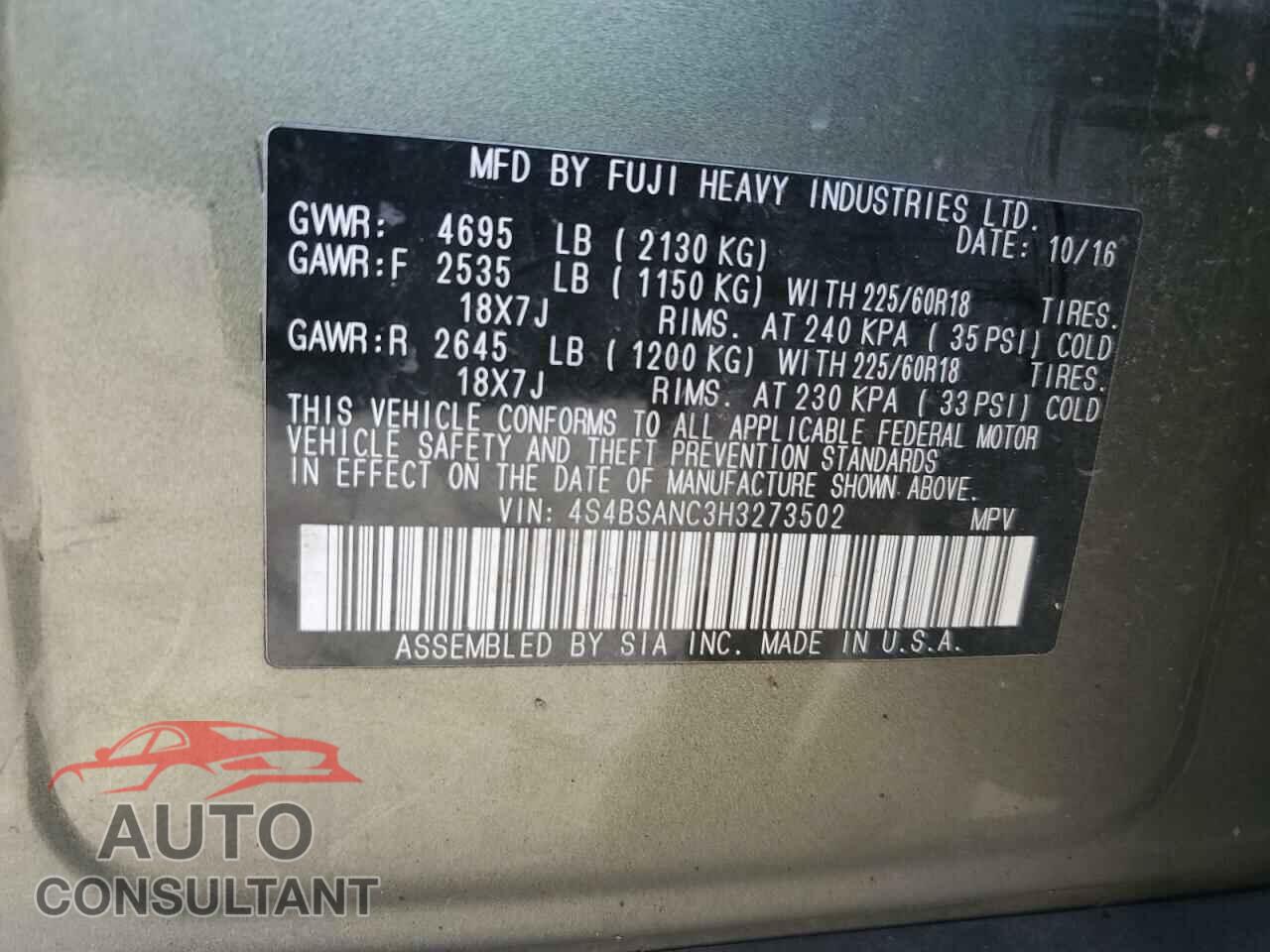 SUBARU OUTBACK 2017 - 4S4BSANC3H3273502