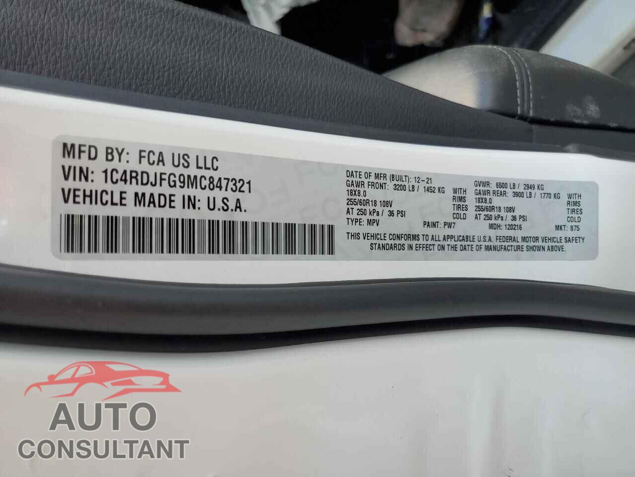 DODGE DURANGO 2021 - 1C4RDJFG9MC847321