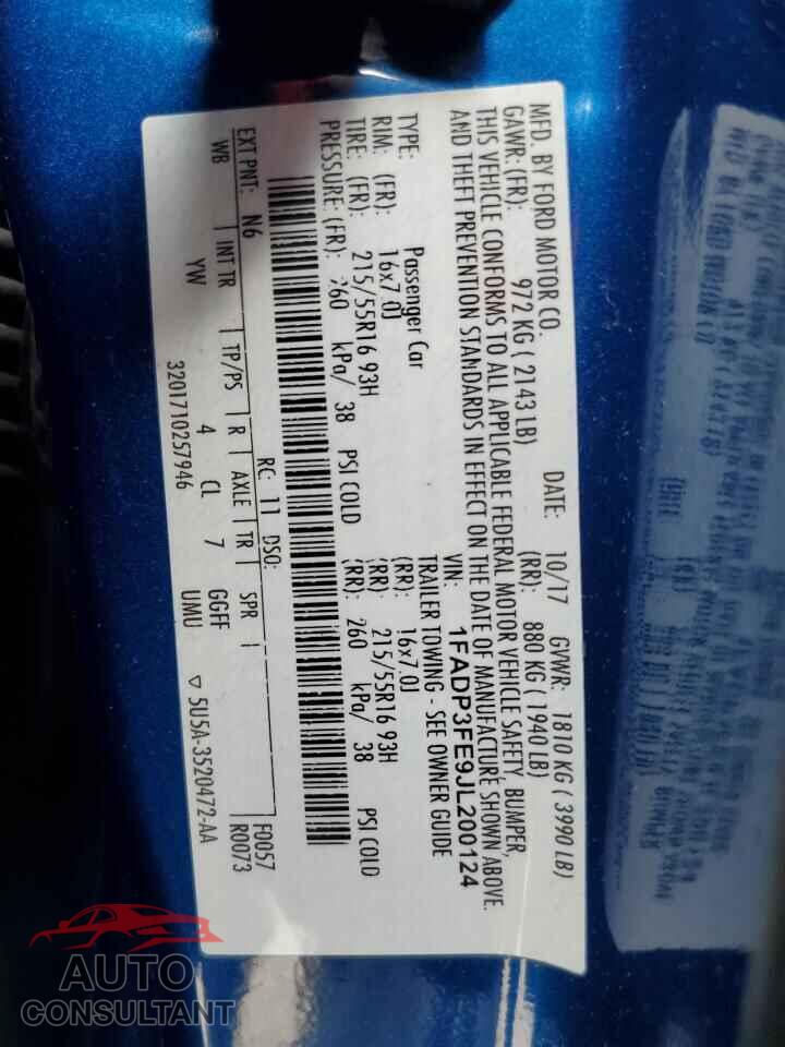 FORD FOCUS 2018 - 1FADP3FE9JL200124