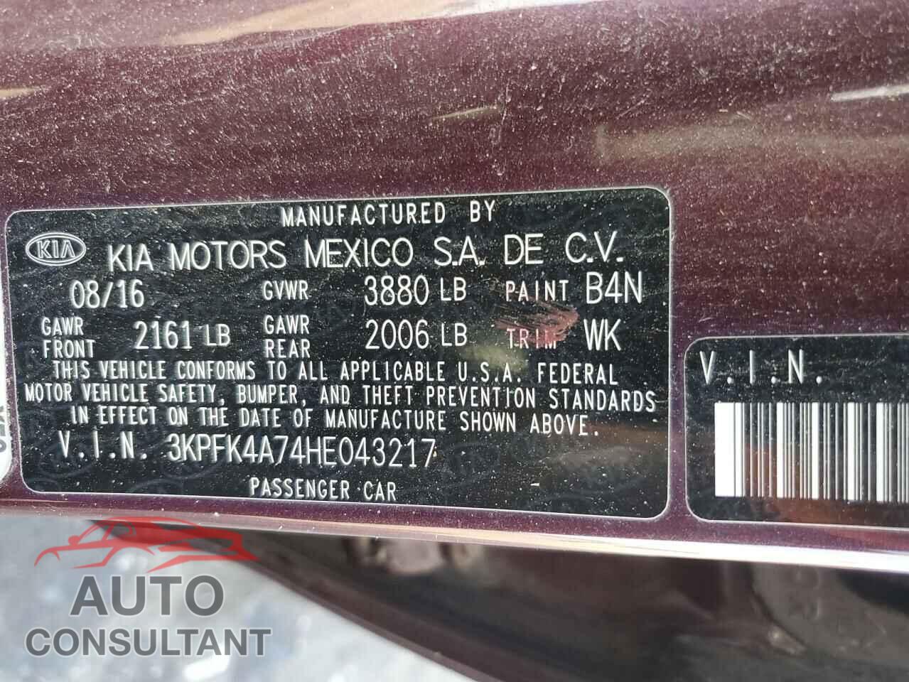 KIA FORTE 2017 - 3KPFK4A74HE043217