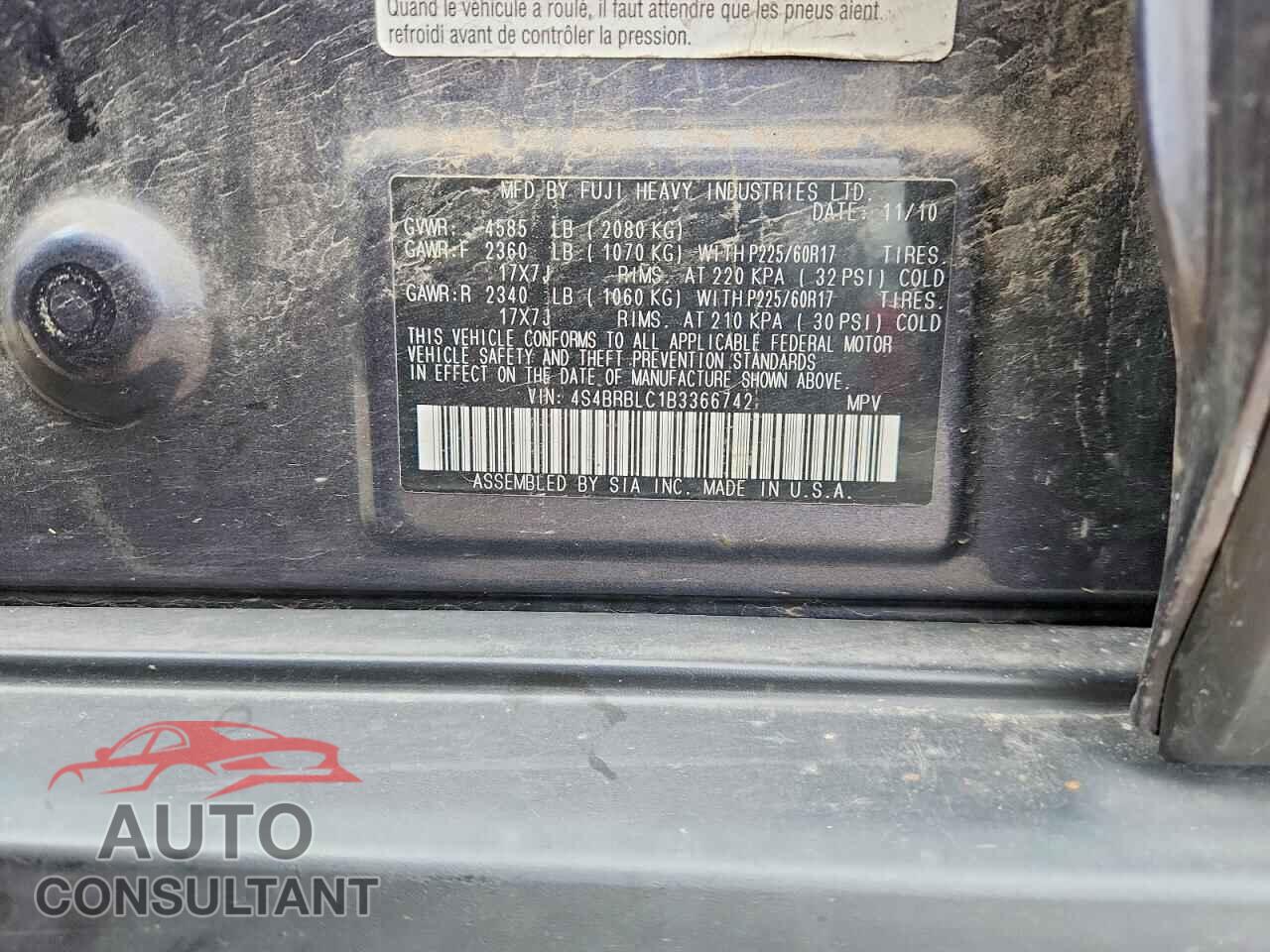 SUBARU OUTBACK 2011 - 4S4BRBLC1B3366742