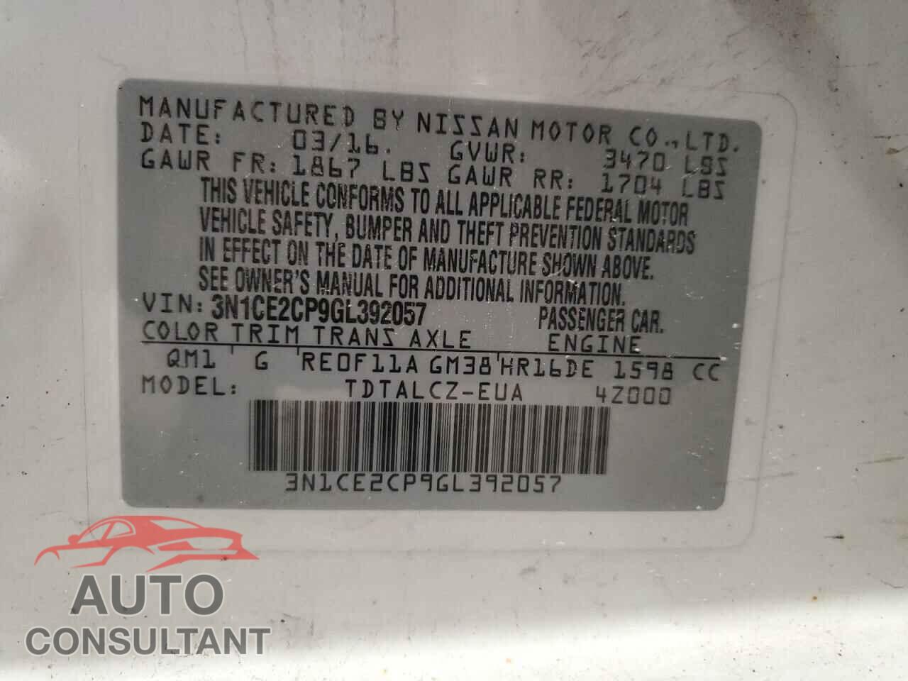 NISSAN VERSA 2016 - 3N1CE2CP9GL392057