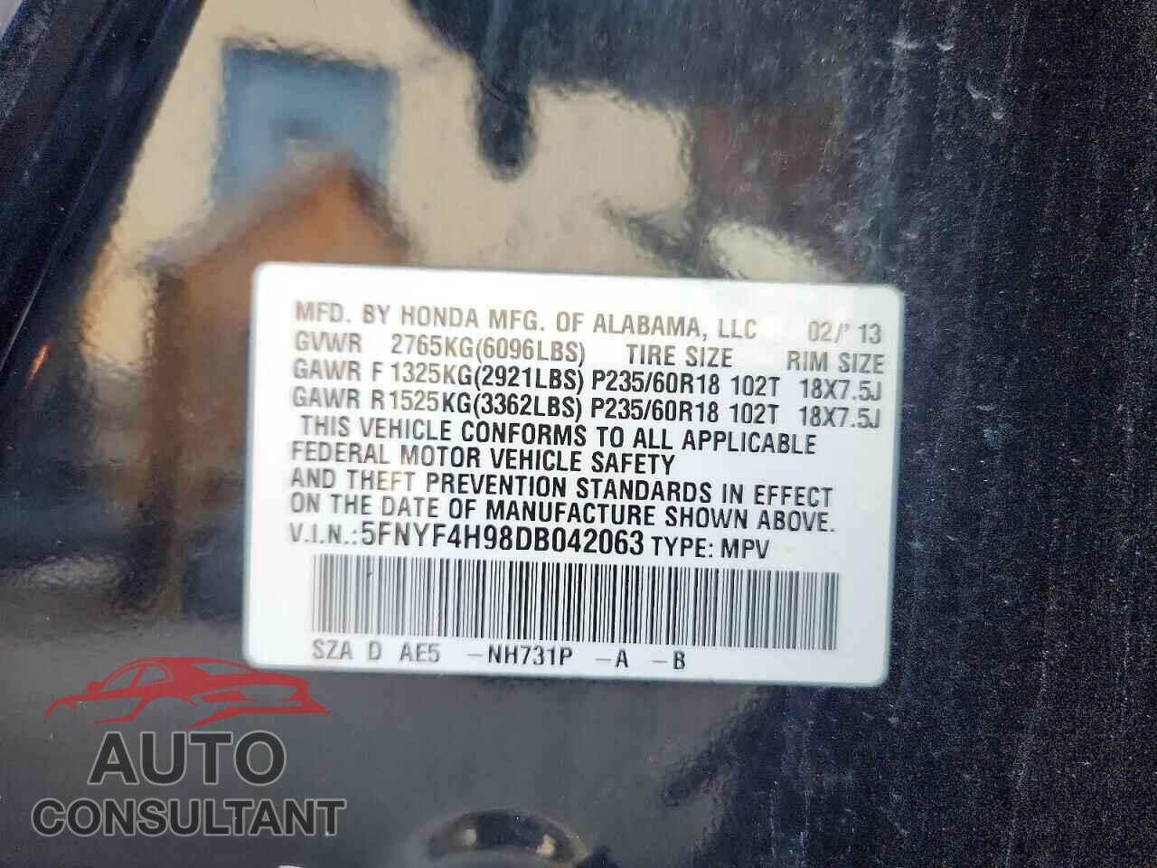 HONDA PILOT 2013 - 5FNYF4H98DB042063