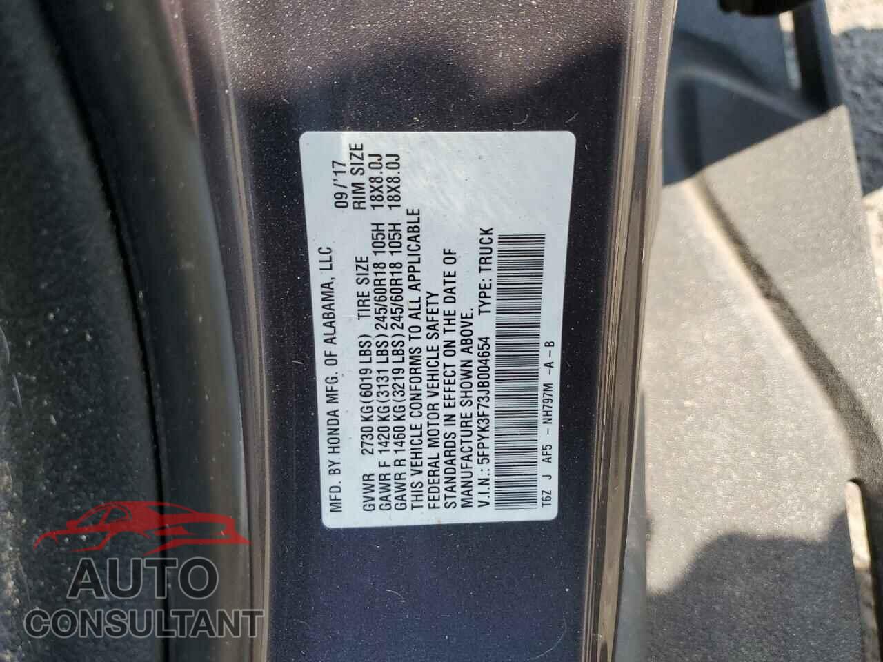 HONDA RIDGELINE 2018 - 5FPYK3F73JB004654
