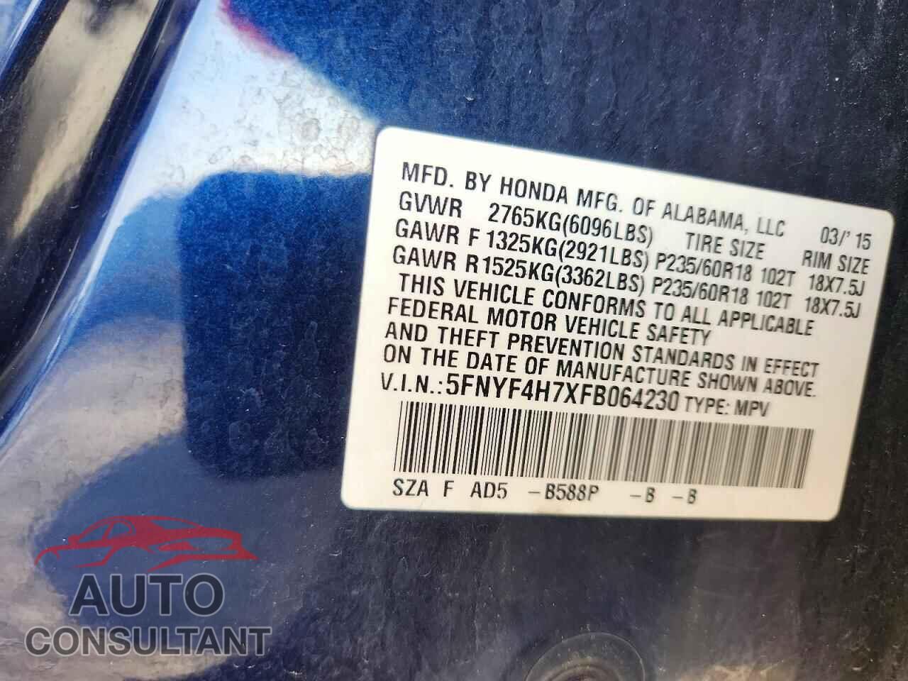 HONDA PILOT 2015 - 5FNYF4H7XFB064230