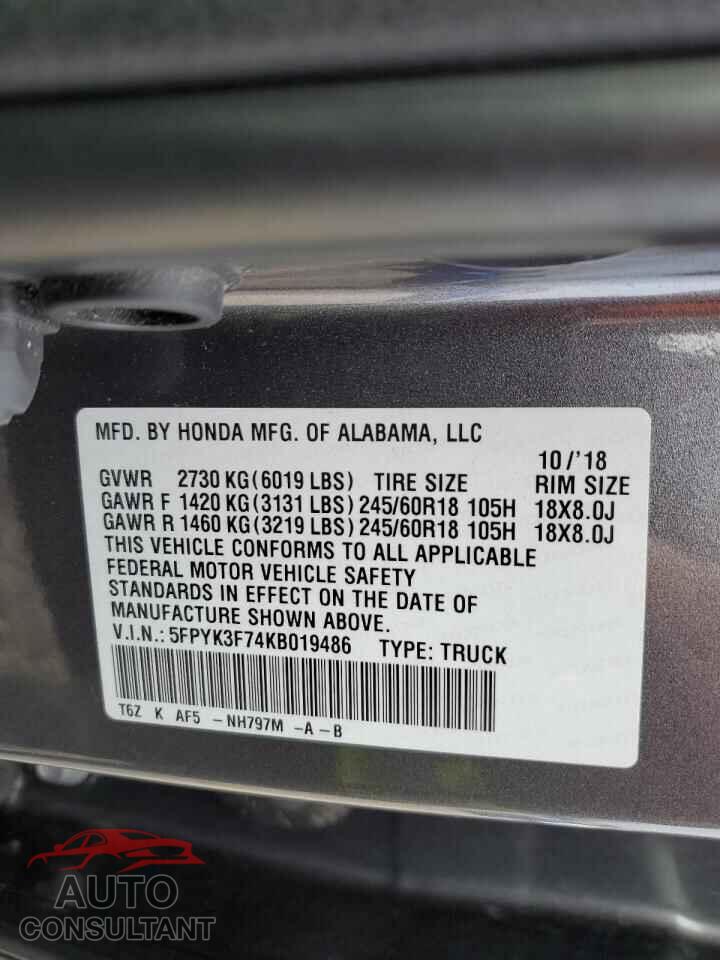 HONDA RIDGELINE 2019 - 5FPYK3F74KB019486