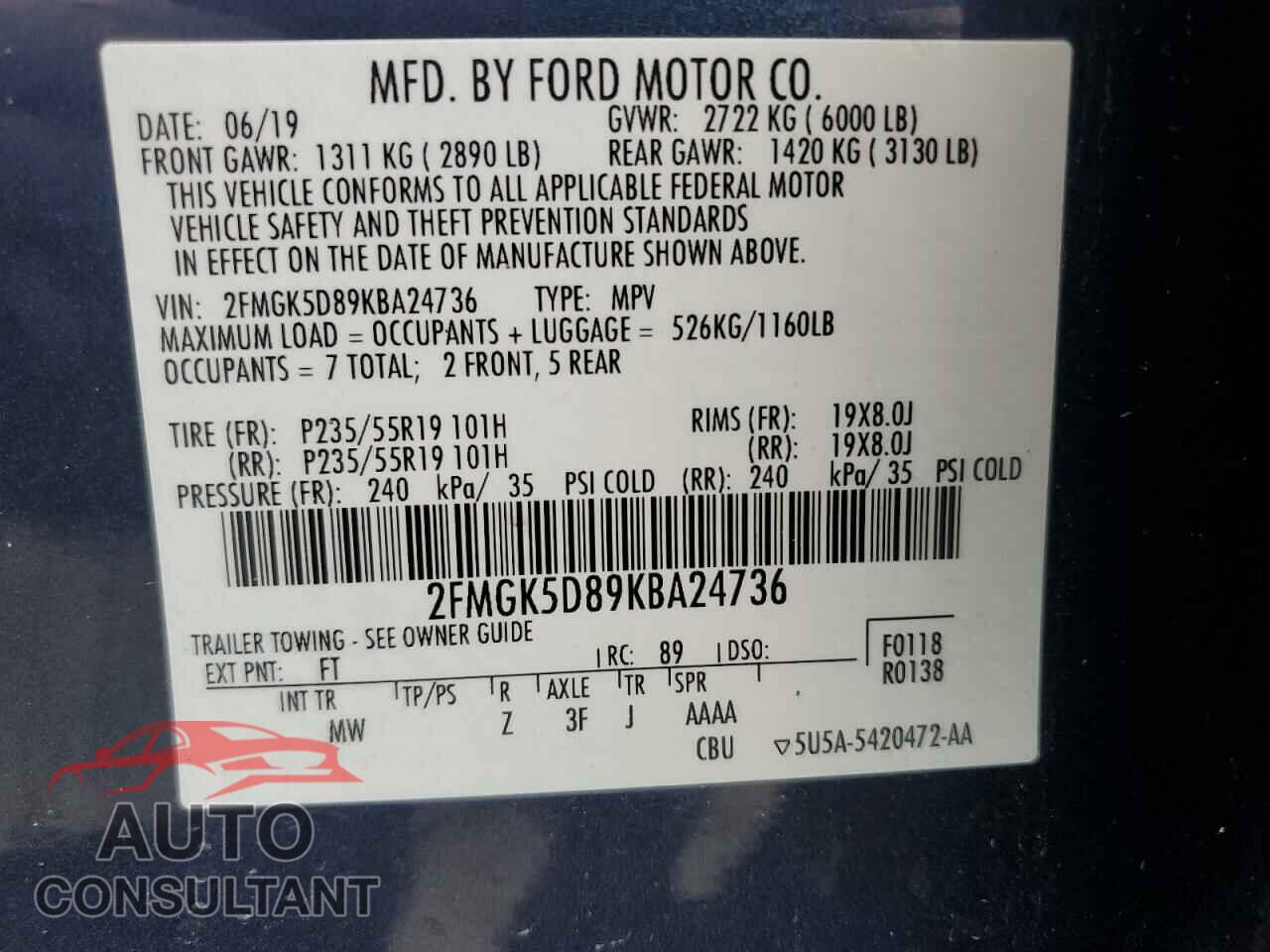 FORD FLEX 2019 - 2FMGK5D89KBA24736