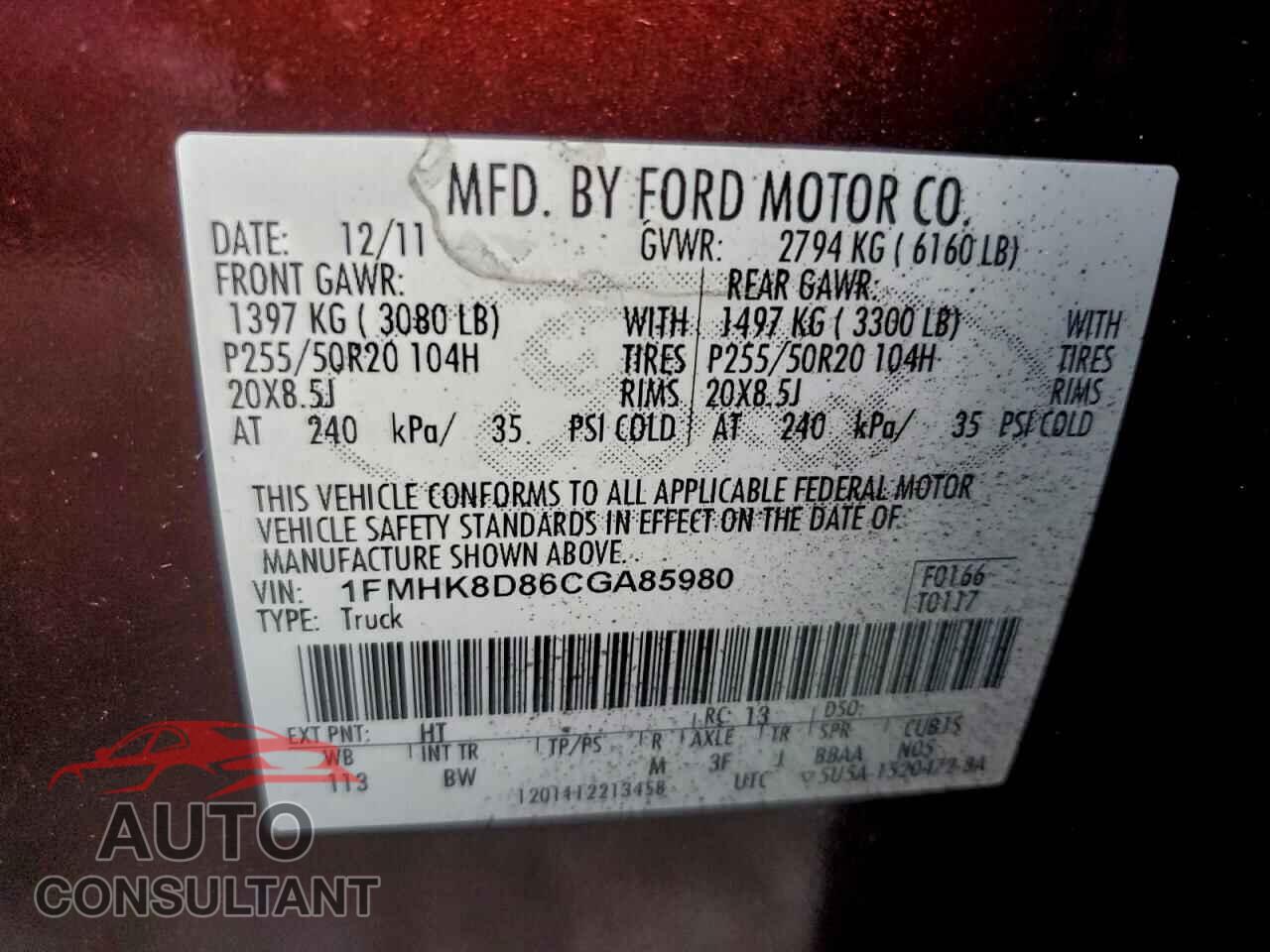 FORD EXPLORER 2012 - 1FMHK8D86CGA85980
