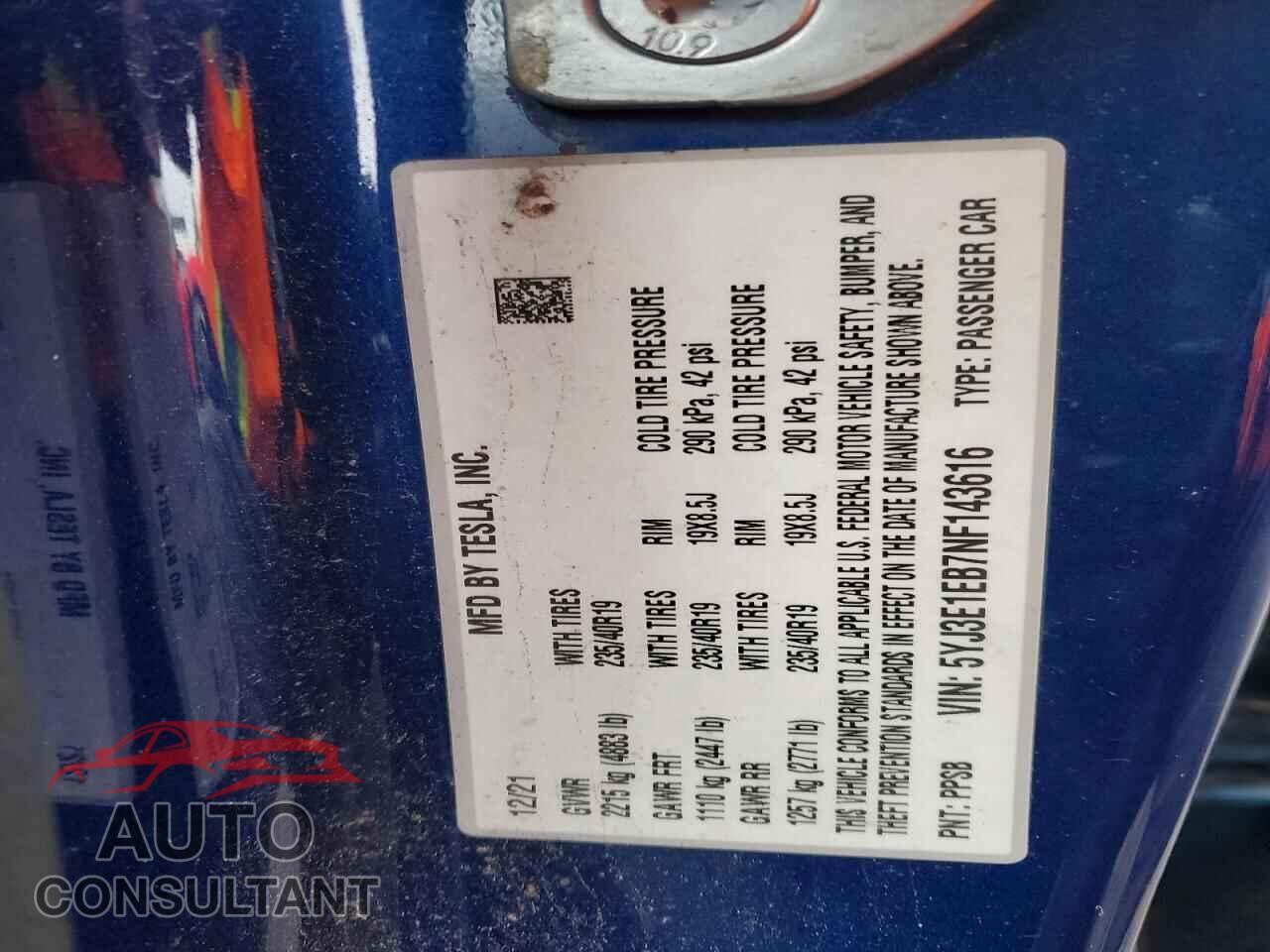 TESLA MODEL 3 2022 - 5YJ3E1EB7NF143616