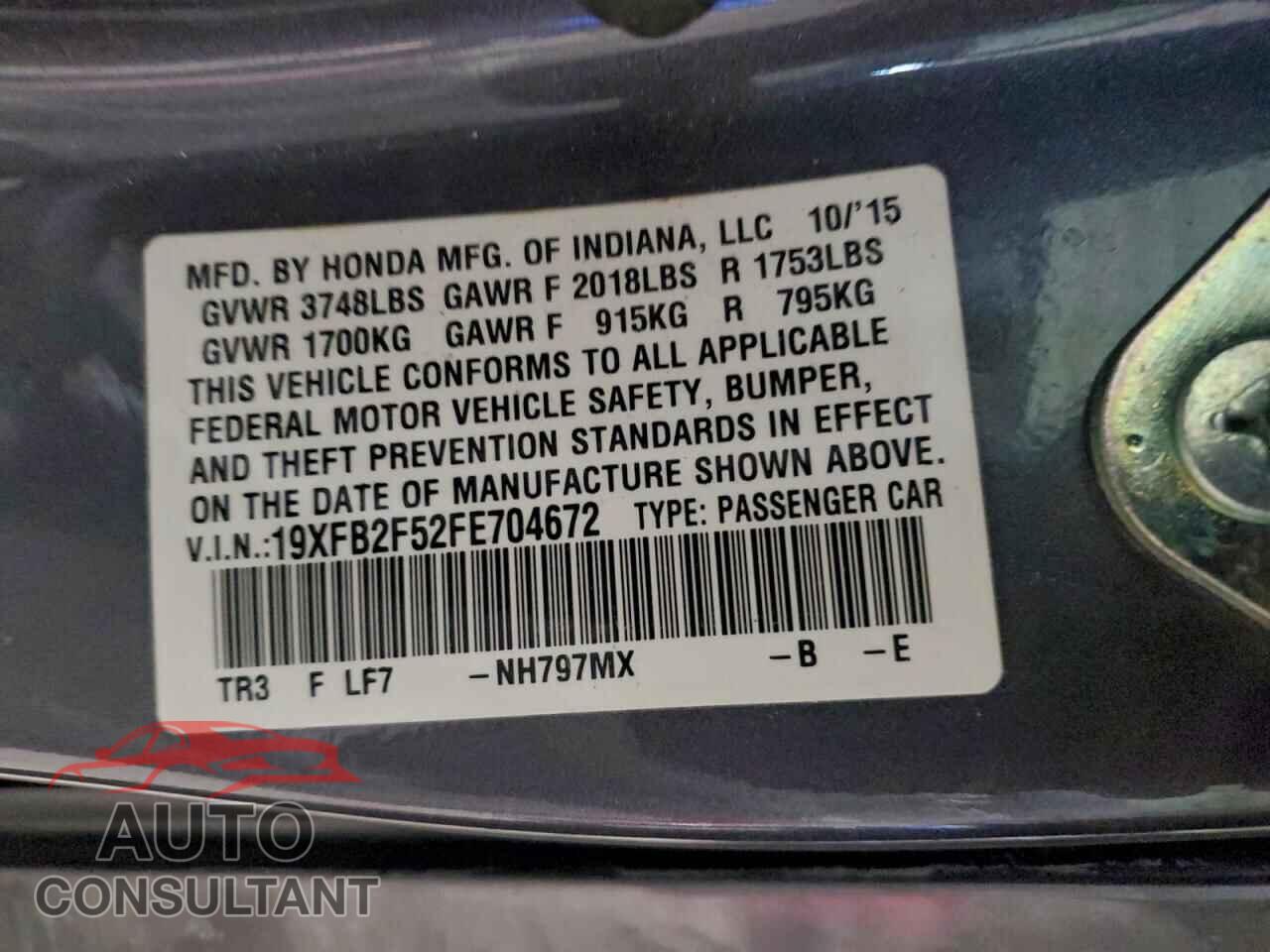HONDA CIVIC 2015 - 19XFB2F52FE704672