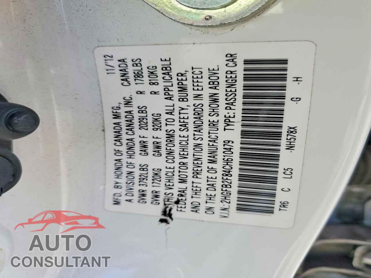 HONDA CIVIC 2012 - 2HGFB2F84CH610479