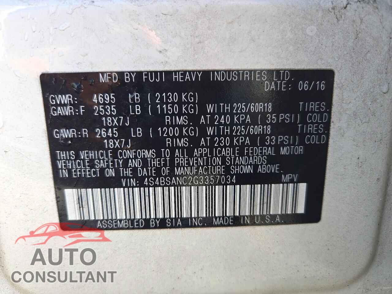 SUBARU OUTBACK 2016 - 4S4BSANC2G3357034