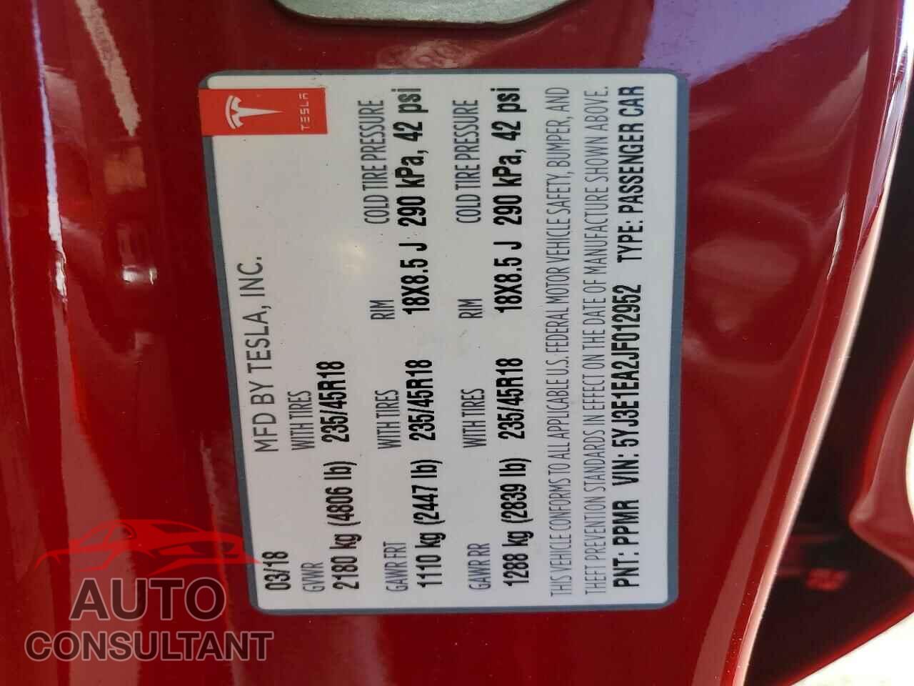 TESLA MODEL 3 2018 - 5YJ3E1EA2JF012952