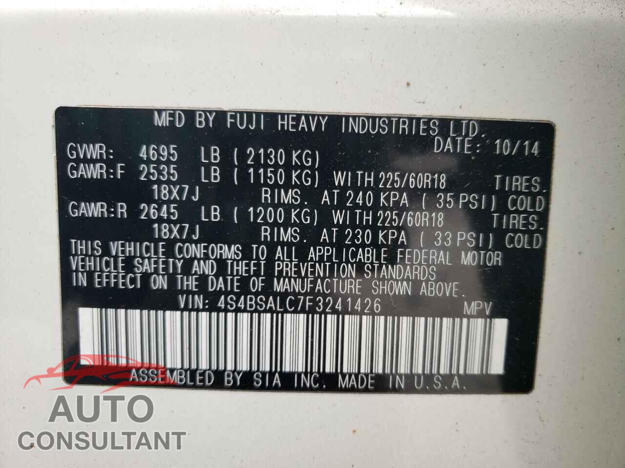 SUBARU OUTBACK 2015 - 4S4BSALC7F3241426