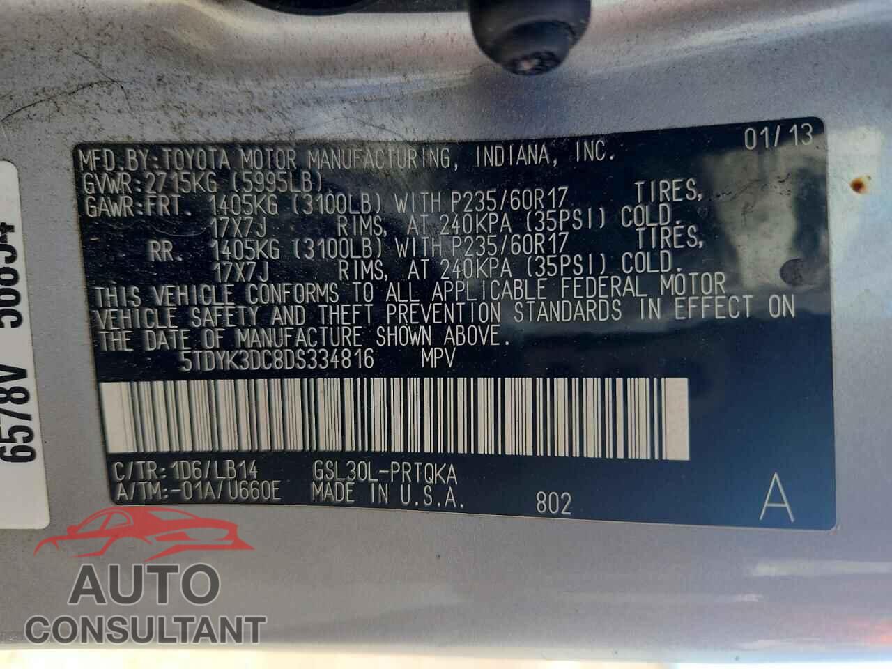 TOYOTA SIENNA 2013 - 5TDYK3DC8DS334816