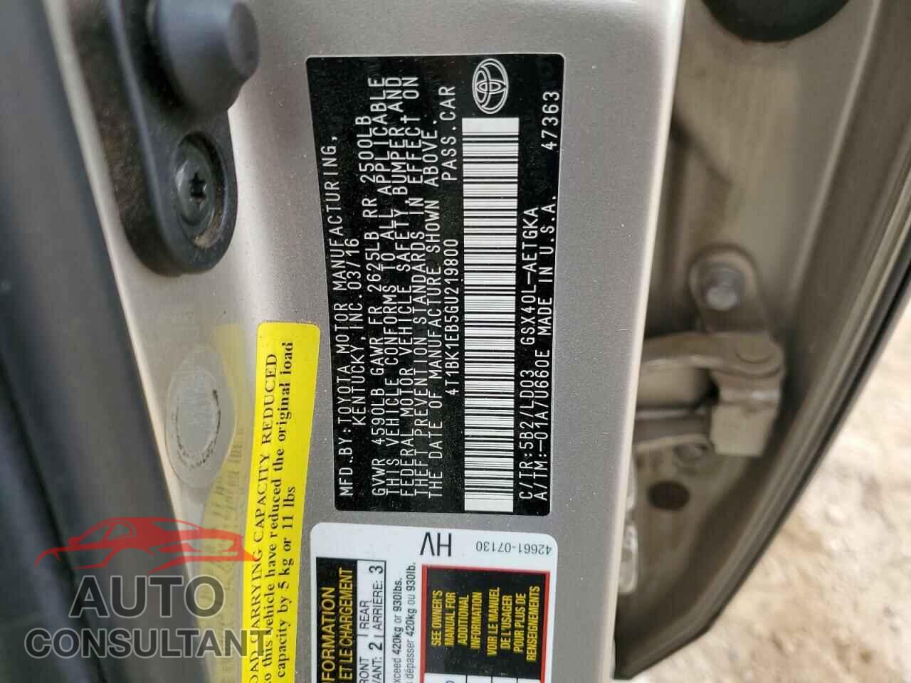 TOYOTA AVALON 2016 - 4T1BK1EB5GU219800