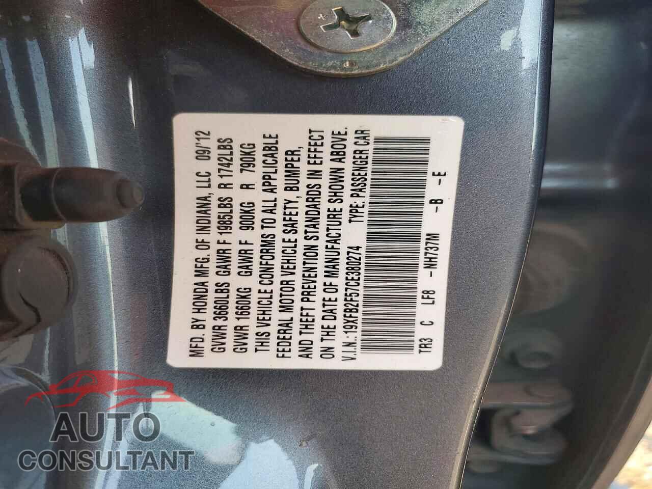 HONDA CIVIC 2012 - 19XFB2F57CE380274