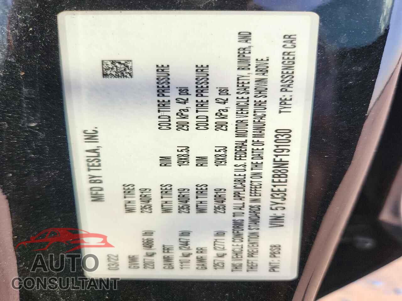 TESLA MODEL 3 2022 - 5YJ3E1EB8NF191030